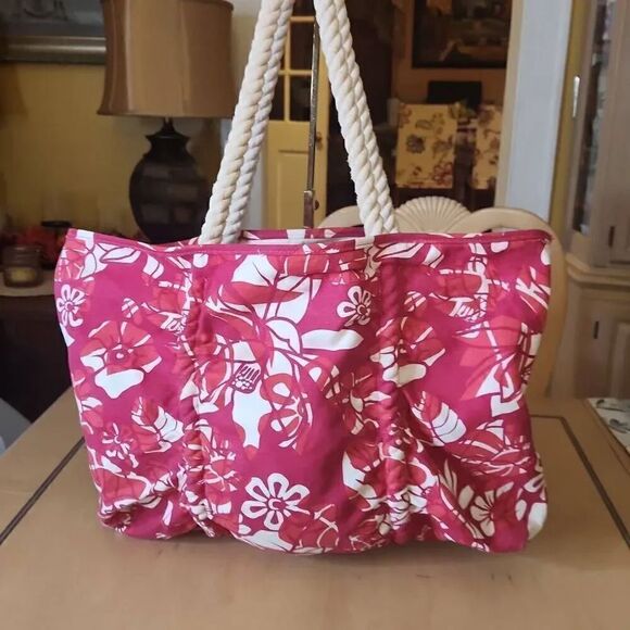 Tropical pink and white beach bag - Picture 1 of 7